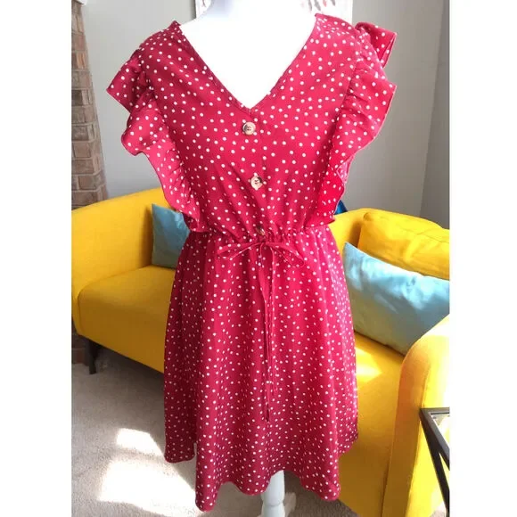 Red polka dot dress sz S pin-up flutter ruffled shoulder’s romantic v-neck chic - Picture 2 of 9